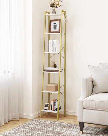 Hzuaneri Ladder Shelf, Bookshelf Bookcase, Freestanding Corner Storage Shelve with 2 Hooks for Home Office, Living Room, Kitchen, Bedroom, Industrial, 11.8" D x 13.4" W x 72.8" H,White Gold BC13313G