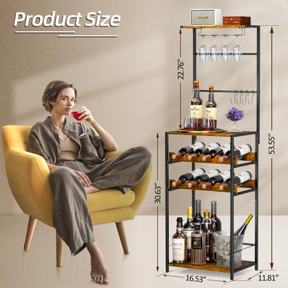5-Tier Wine Rack Freestanding Floor, Liquor Bar Stand with Glasses Holder and 4 S Hooks, Corner Mini Bar Cabinet for Small Space, 8 Bottles Wine Bar Cabinet for Home, 11.81"D x 16.53"W x 53.55"H