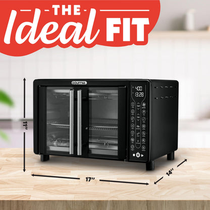 Gourmia French Door Air Fryer – 25 Qt Large Capacity Convection Oven, Fryforce 360°, Digital Display with 17 Cooking Presets, Bake, Toast, Roast, Dehydrate, Fits 12” Pizza