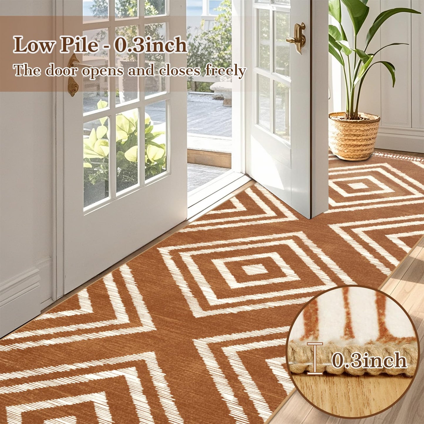 Geanlod Boho Hallway Runner Rugs 2.6x14ft Non Slip, Long Brown Washable Entryway Rug Runners Non Shedding, Geometric Kitchen Floor Carpets for Doorway Entrance Farmhouse Living Room Home Decor