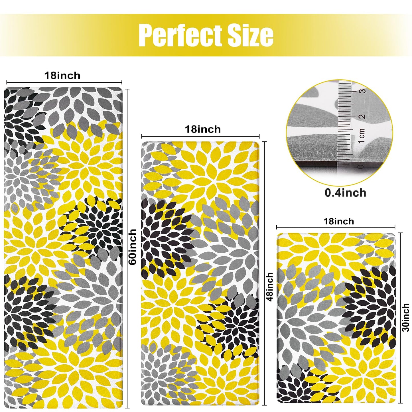 Likiyol Kitchen Mats for Floor [3 PCS] Anti-Fatigue Comfort Kitchen Rugs, Boho Flower Cushioned Waterproof Decor Mat Thick, Standing Floor Mats for Home/Office, 18''x30''+18''x48''+18''x60''(Yellow)