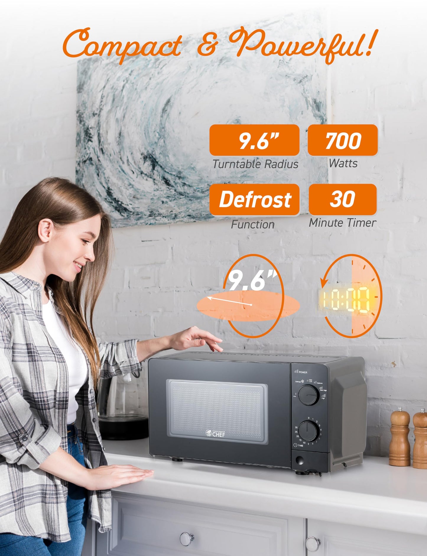 Commercial Chef 0.6 Cu. Ft. Countertop Microwave Oven, Mechanical Dial Controls, 700W, Pull Handle Door, 6 Power Levels, CHM660B, Black