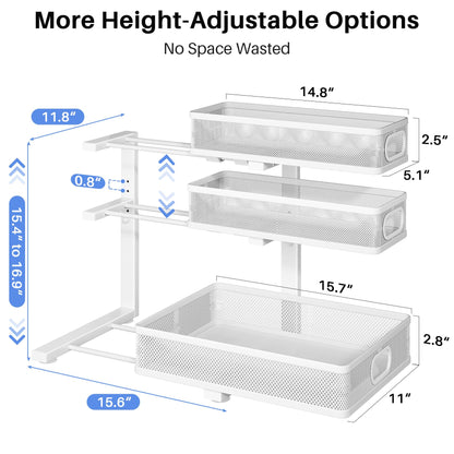 Under Sink Organizer, 1-Pack 3-Tier Thickened Metal Pull out Cabinet Organizer Shelf, Height Adjustable Slide out Storage Drawer Rack for Kitchen Bathroom Pantry Laundry Home Organization, White