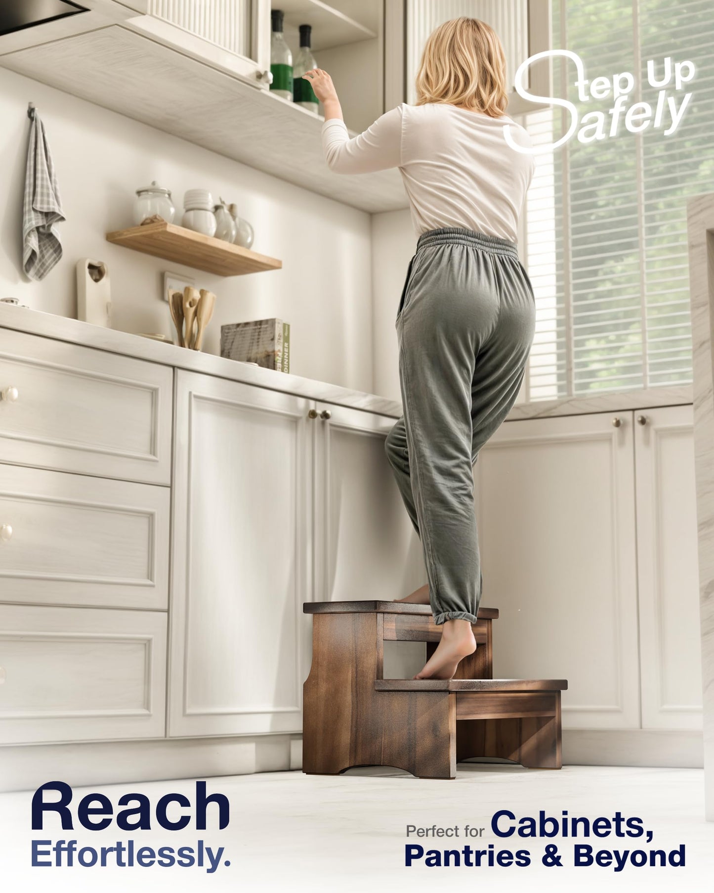 FANATU Wooden Two Step Stool, Heavy Duty 2-Step Ladder for Adults & Kids, Supports up to 450lbs for Kitchen, Bathroom or Bedside Use (Walnut Finish)