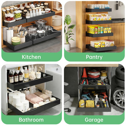 Pull out Cabinet Organizer, 1 pack, 16.5" Deep Heavy Slide out Drawers, Upgrade Three Triple-Slide Rail Systems, Expandable 12.8"-20.8" Roll out Shelf Storage for Kitchen Base Cabinet Organization
