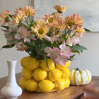 PeachiiPitt Lemon Vase -Cheery Yellow Ceramic French/Mediterranean Style Unique Vase with 3D Lemon Design- Lemon Kitchen Decor - Lemon Themed Housewarming Gift for her