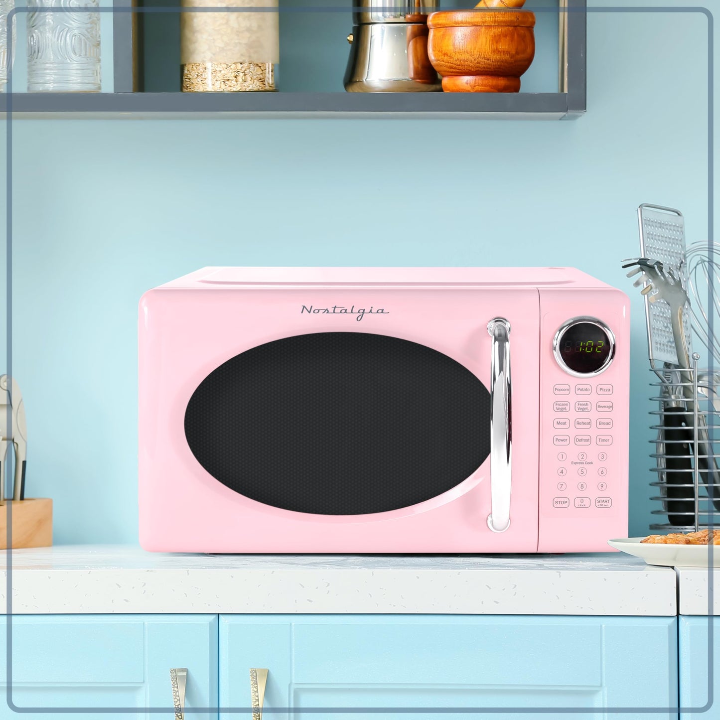 Nostalgia Retro Microwave Oven - 0.7 Cu Ft, 700-Watt Countertop Size with Glass Turntable, Child Safety Lock, 8 Auto-Cook Programs, Digital Clock - Pink