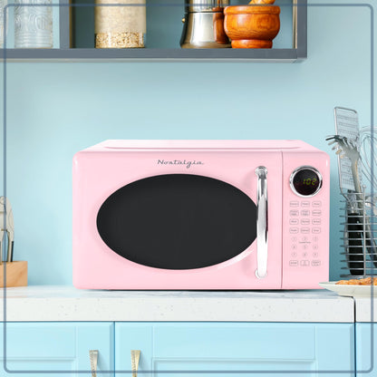 Nostalgia Retro Microwave Oven - 0.7 Cu Ft, 700-Watt Countertop Size with Glass Turntable, Child Safety Lock, 8 Auto-Cook Programs, Digital Clock - Pink