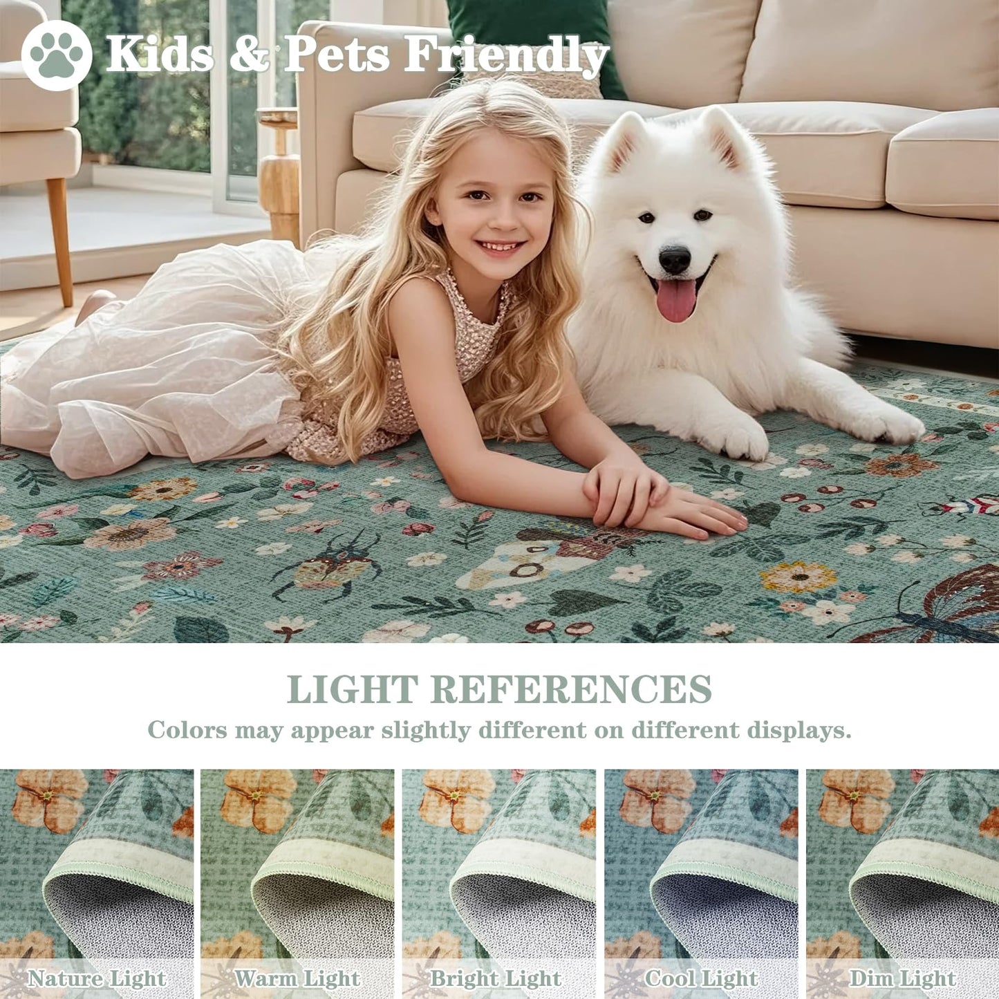 Iplusmall 5x7 Area Rugs for Living Room, Soft Washable Insect Rug for Bedroom, Floral Butterfly Low Pile Modern Carpet Non Slip Thin Large Throw Carpets for Dining Room Kitchen Home Office,Light Green