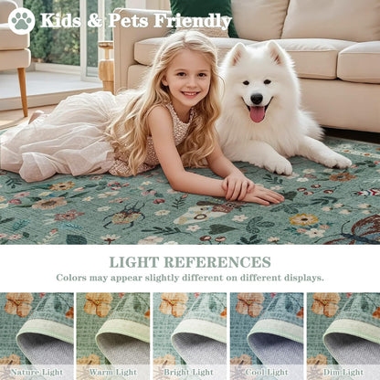 Iplusmall 5x7 Area Rugs for Living Room, Soft Washable Insect Rug for Bedroom, Floral Butterfly Low Pile Modern Carpet Non Slip Thin Large Throw Carpets for Dining Room Kitchen Home Office,Light Green
