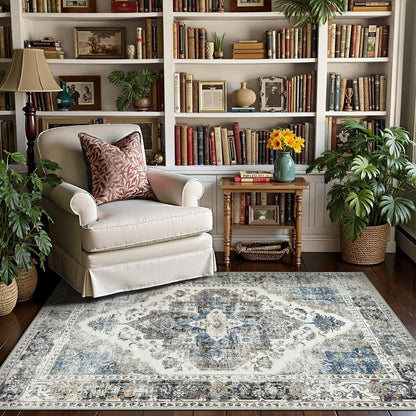 jinchan 4x6 Area Rug Vintage Washable Non-Slip Rug for Living Room Bedroom Dining Room Kitchen Home Office Thin Elegant Retro Lightweight Chenille Rug Blue Grey