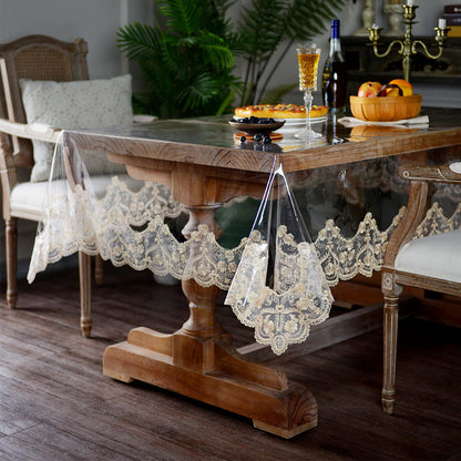 ARTABLE Vinyl PVC Rectangle Tablecloth Waterproof Clear Table Cover with Champagne Lace Macrame Border for Wedding Kitchen Home Outdoor Indoor Holidays Party Decor (Gold, 60 x 104 Inch)