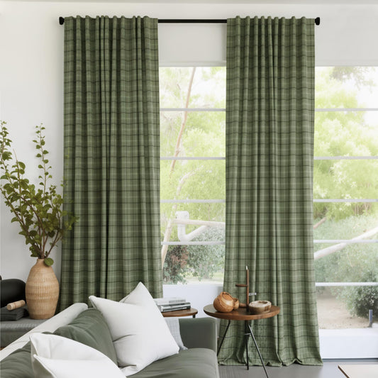 RYB HOME Green Plaid Curtains for Living Room Dining Room, Linen Blend Light Filtering Semi-Sheer Privacy Farmhouse Checkered Window Treatment for Kitchen Bedroom, W52 x L96 Inch, 2 Panels