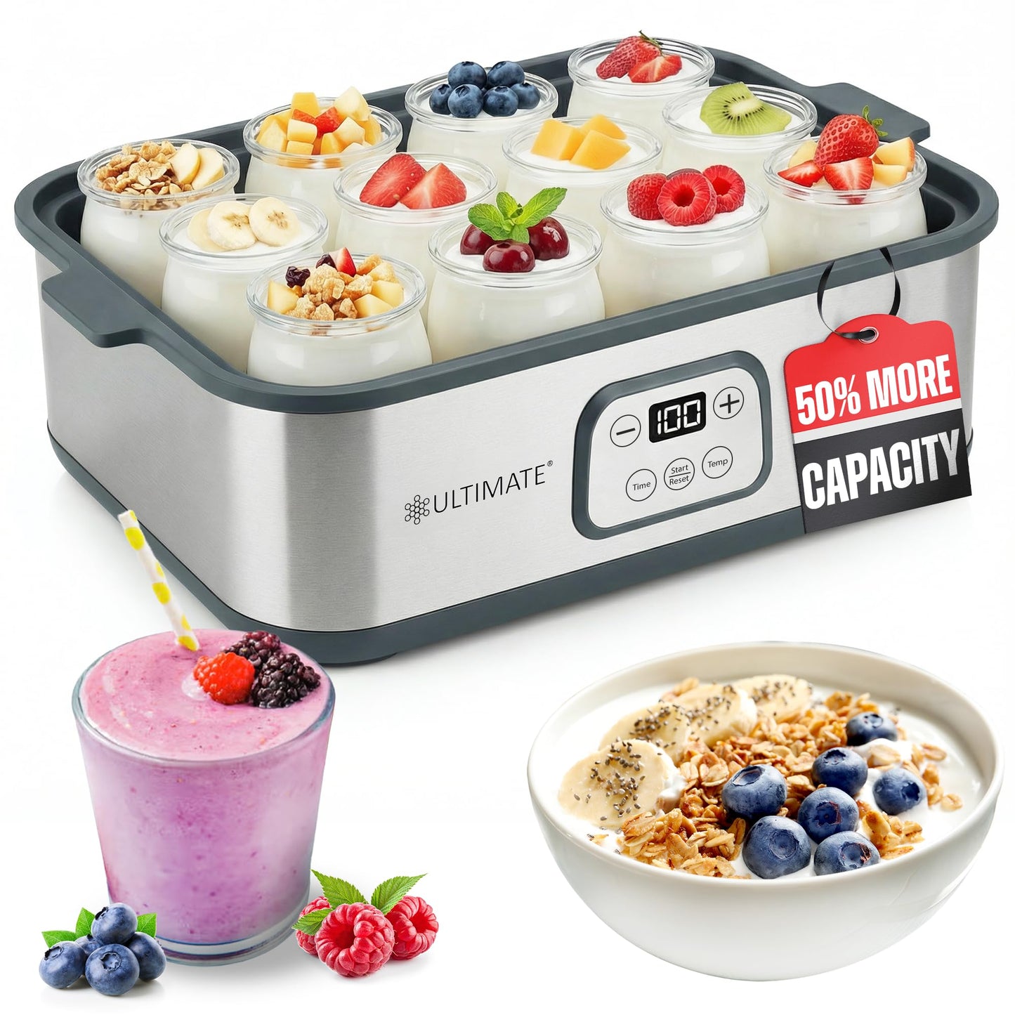 Ultimate Probiotic Yogurt Maker XL - Adjustable Time & Temperature Control - 50% More Capacity with 12 x 6oz Yogurt Jars - Make Trillions of Probiotics for Gut Health - ULTIMATE LIFETIME WARRANTY