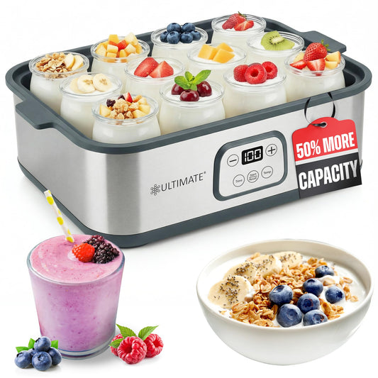 Ultimate Probiotic Yogurt Maker XL - Adjustable Time & Temperature Control - 50% More Capacity with 12 x 6oz Yogurt Jars - Make Trillions of Probiotics for Gut Health - ULTIMATE LIFETIME WARRANTY