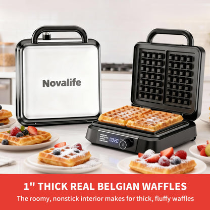 Waffle Maker, 1400W Belgian Waffle Maker, Dual Rectangular Thick Waffle Iron, 7-Level Browning LED Panel, Nonstick Plates, Anti-spill Design, Audible Ready Beep, Easy Cleanup, Stainless Steel