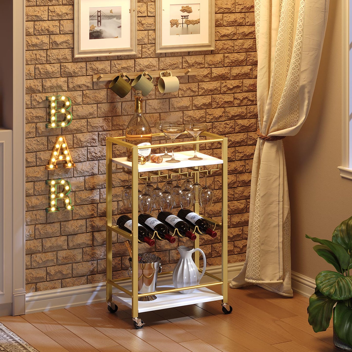MAHANCRIS Bar Cart for Home, Mini Rolling Wine Cart, 3 Tier Serving Cart, Kitchen Storage Cart with Wine Rack and Glass Holders, for Kitchen, Dining Room, Living Room, Gold and White RCJW9301