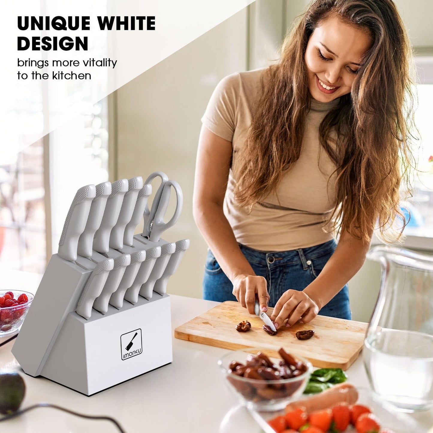 imarku® 14-Piece Kitchen Knife Set with Block and Sharpener, Professional Stainless Steel with Non-Slip Ergonomic Handle, Dishwasher Safe, Home Essential, Gray-White