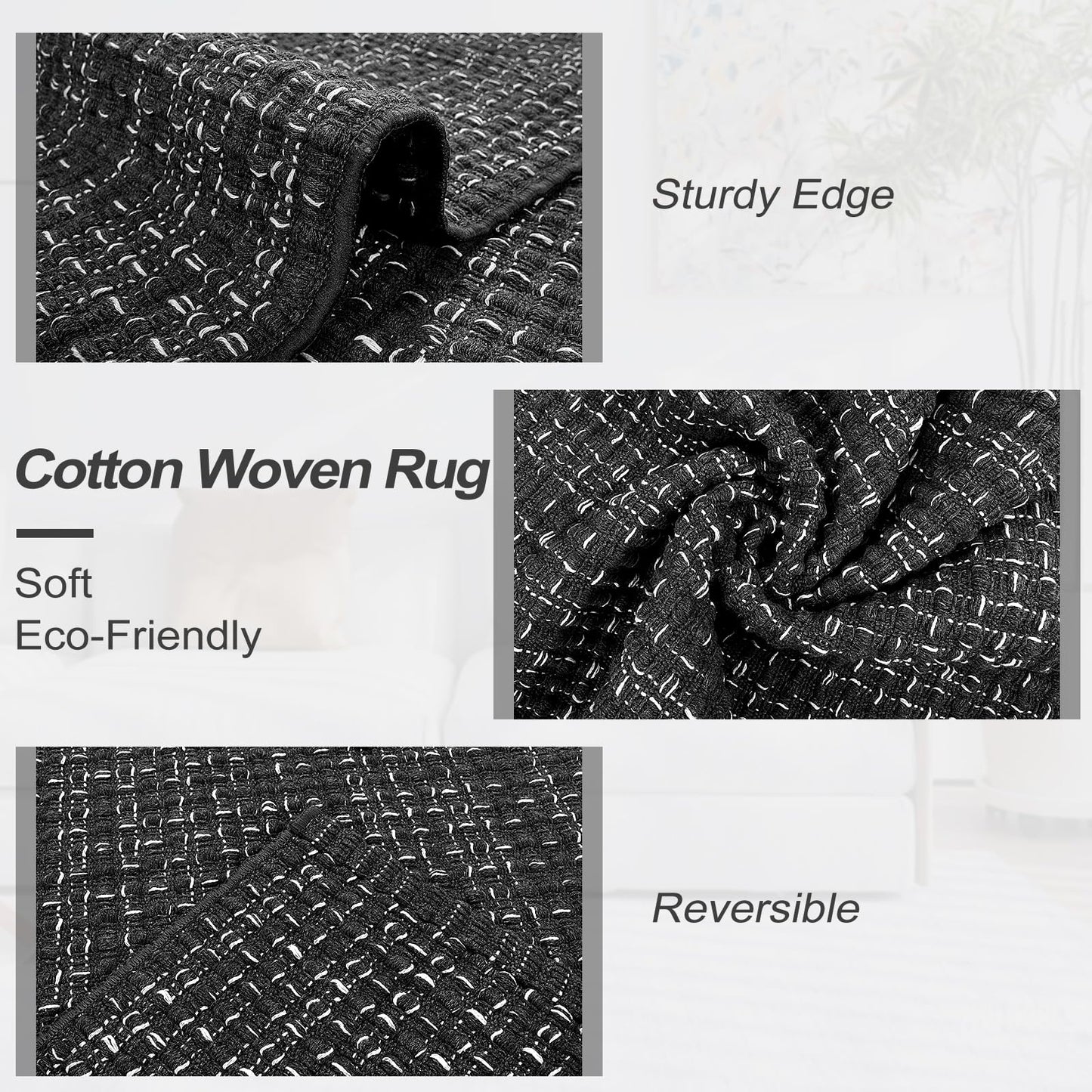 Nailttos Hallway Runner Rug 2'x 8', Woven Cotton Black Bathroom Rug, Reversible Woven Washable Rug Indoor Outdoor Rug Carpet for Kitchen Bathroom Laundry Room Home Decor
