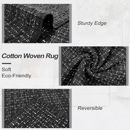 Nailttos Hallway Runner Rug 2'x 8', Woven Cotton Black Bathroom Rug, Reversible Woven Washable Rug Indoor Outdoor Rug Carpet for Kitchen Bathroom Laundry Room Home Decor