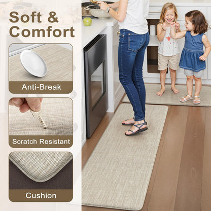 Collive Kitchen Mats for Floor 2PCS, Cushioned Anti Fatigue Rugs Non Slip Waterproof Kitchen Sink Mat, Memory Foam Comfort Standing Mats for Desk, Office, Home Decor, 20" x 47" + 20" x 32", Beige