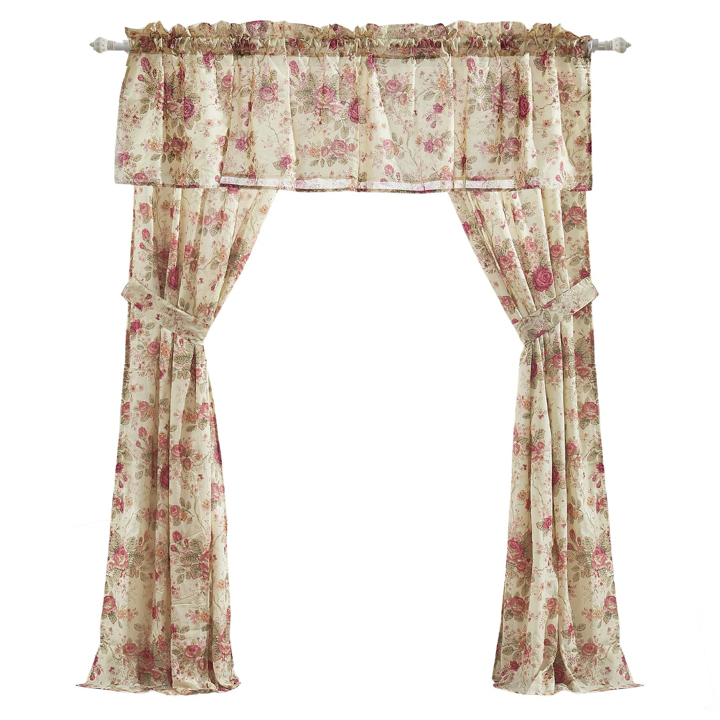Greenland Home Antique Rose 100% Cotton Window Treatment, Panel Pair + Valance, Ecru
