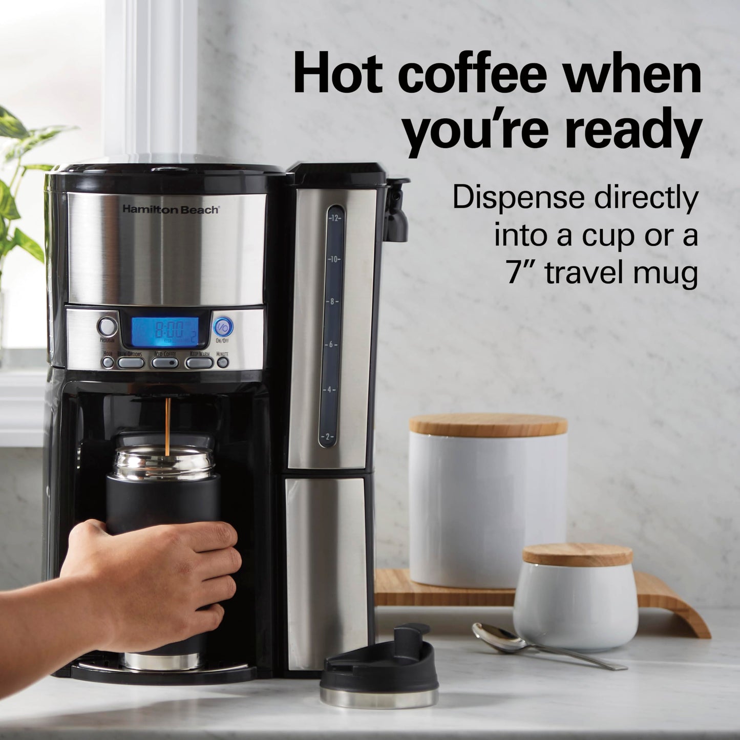 Hamilton Beach One Press Programmable Dispensing 12 Cup Coffee Maker with Internal Coffee Pot, Stays Warm and Fresh for Hours, 60 oz. Removable Reservoir, Black & Stainless Steel (47950)