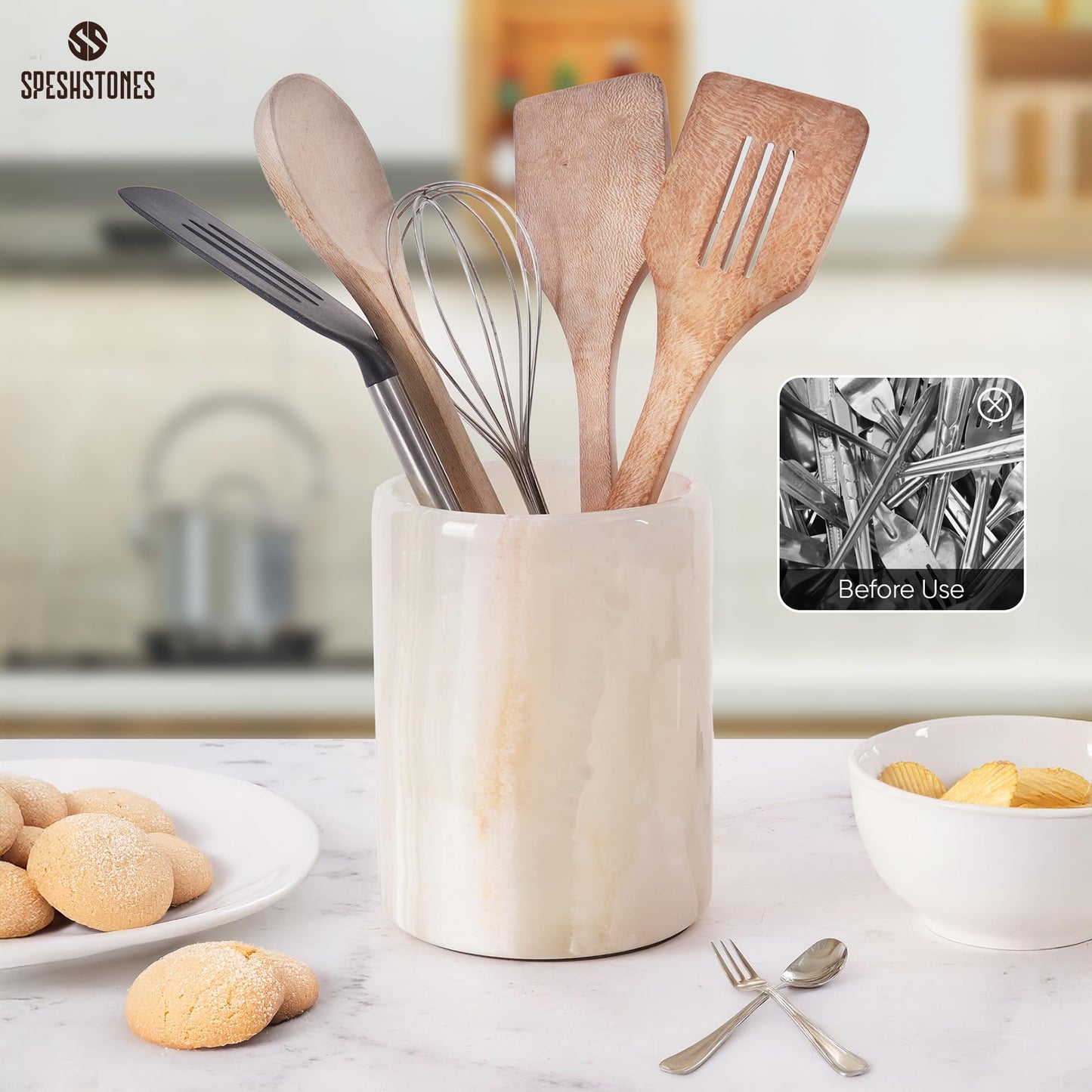 SPESHSTONES Marble Utensil Holder 6.5 Inch Cream Onyx Wooden Cooking Utensils Set & Spatula Organizer for Kitchen Counter, Stone Utensil Crock & Caddy for Spoon Holder & Farmhouse Decor