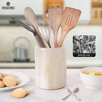 SPESHSTONES Marble Utensil Holder 6.5 Inch Cream Onyx Wooden Cooking Utensils Set & Spatula Organizer for Kitchen Counter, Stone Utensil Crock & Caddy for Spoon Holder & Farmhouse Decor