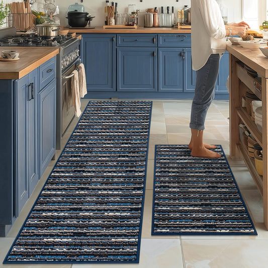 Kitchen Rugs Sets of 2-Non Slip Kitchen Mats for Floor-Thick Stain Resistant Vintage Kitchen Floor Mat Runner Carpet for Hallways Entryway Laundry Room Washable（Navy Blue 24"x70"+24"x35"）