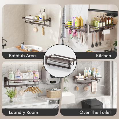 Rust-Proof Floating Shelves Organizer with Foldable Towel Bar 5 Towel Hooks Wall Mounted Organizer 23-Inch Towel Racks for Bathroom Lavatory Kitchen Rv Home Decor, Grey