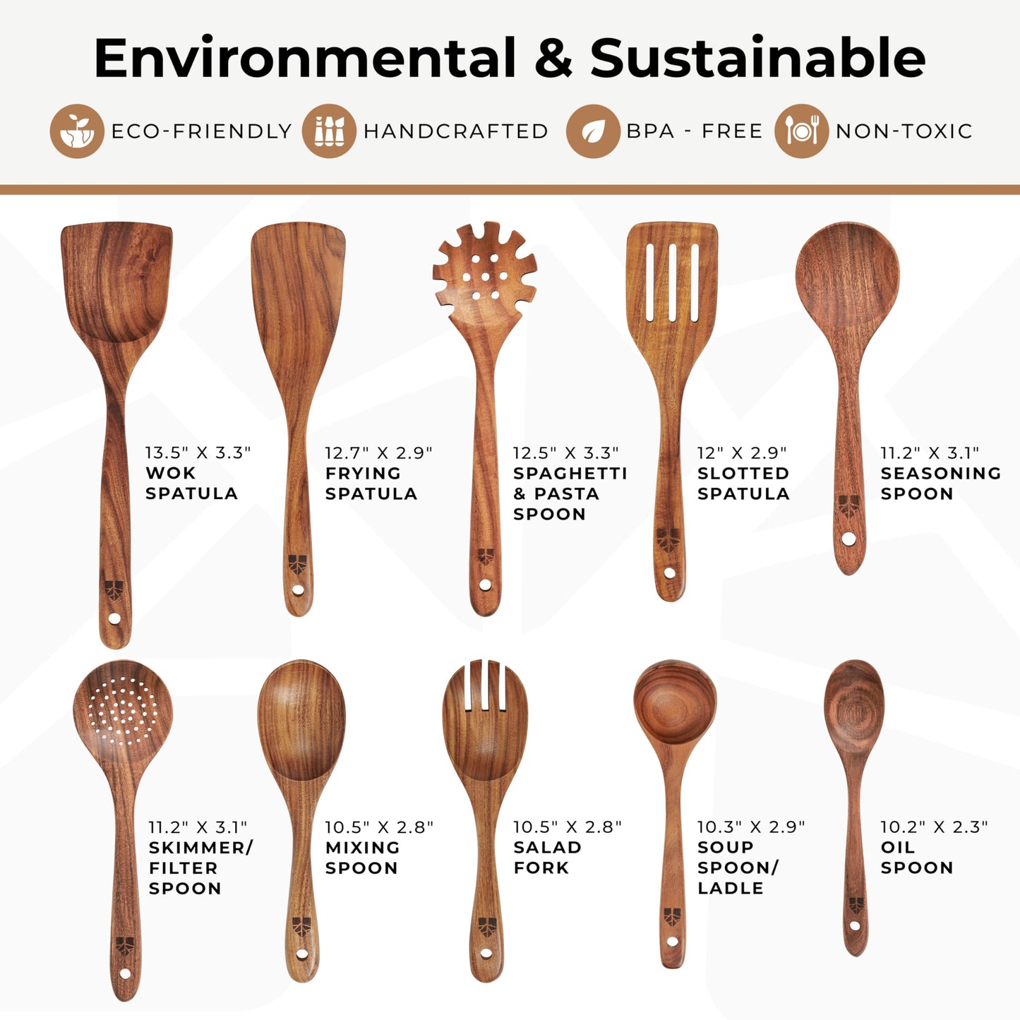 Wooden Spoons for Cooking – 10 Pc Teak Wood Utensil Set, Durable, Nonstick Safe & Heat Resistant with Ergonomic Handles