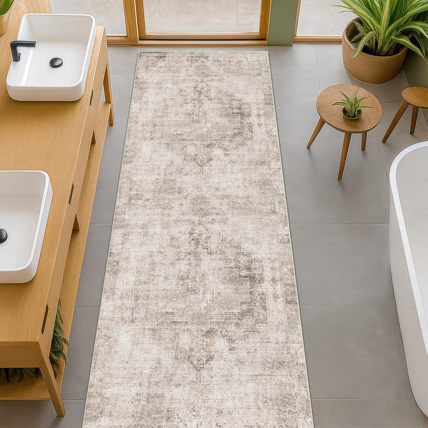 Beige Brown 2'6''x8' Bathroom Runner Rug, Washable Non-Slip 8ft Long Hallway Runner Rug for Entryway, Kitchen, Abstract Modern Home Décor