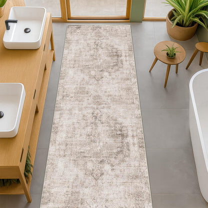 Beige Brown 2'6''x8' Bathroom Runner Rug, Washable Non-Slip 8ft Long Hallway Runner Rug for Entryway, Kitchen, Abstract Modern Home Décor