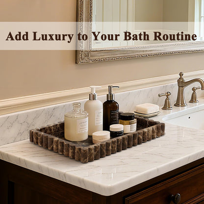 YMXYJM Natural Marble Tray for Bathroom, Real Stone Decorative Vanity Tray with Fluted Edge, Large Marble Serving Storage Tray for Kitchen Counter, Dresser, Home Decor, 11.8" x 8", Dark Brown
