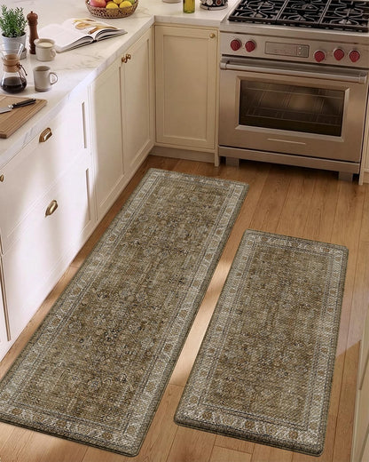 LUMI Anti Fatigue Kitchen Floor Mats Set of 2,Cushioned Comfort Standing PVC Rug Waterproof 2PCS, Non-Slip Ergonomic Foam Runner for Sink, Laundry, Office & Home,17x29+17x59,Tawny Echo