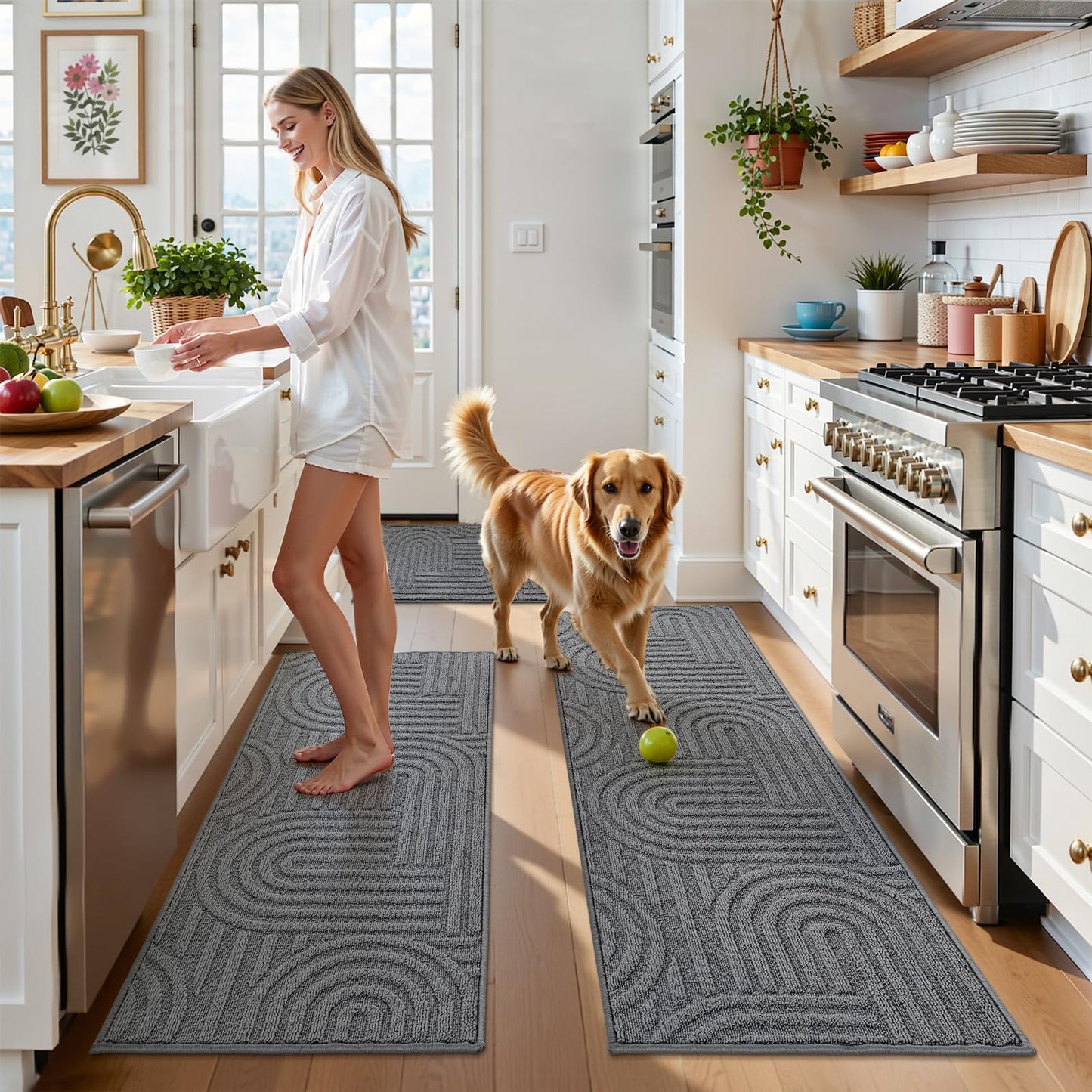 U'Artlines Kitchen Rugs and Mats Set of 3, Non Skid Washable Grey Geometric Kitchen Mats for Floor, Absorbent and Stain Resistant Floor Mat for Laundry, Sink Decor 20x32+20x48+20x59