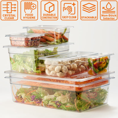 CURTA 6-Pack 1/2 Size 2.5" Deep NSF Polycarbonate Food Pans | Dishwasher & Freezer Safe Clear Container for Prep Tables, Buffet, Salad Bar, Commercial & Home Kitchen