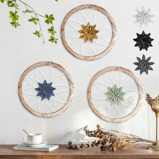Paquesta 3 Piece Round Farmhouse Wall Decor with 6 Piece Interchangeable Flowers 15.75'' Medallion Wood & Metal Rustic Wall Art for Living Room Bedroom Kitchen Bathroom Dining Room Home Decorations (large white wheel)