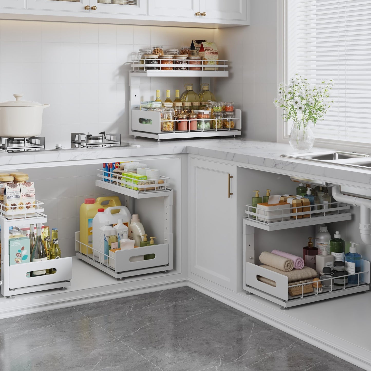 Biboraya Under Sink Organizer Upgrade To Professional Rails,2-Tier Dual Pull Out Cabinet Storage,Height Adjustable Slide Out Drawers For Bathroom Kitchen,2 Pack-14.5"Dx12.8"-16.9"H,White