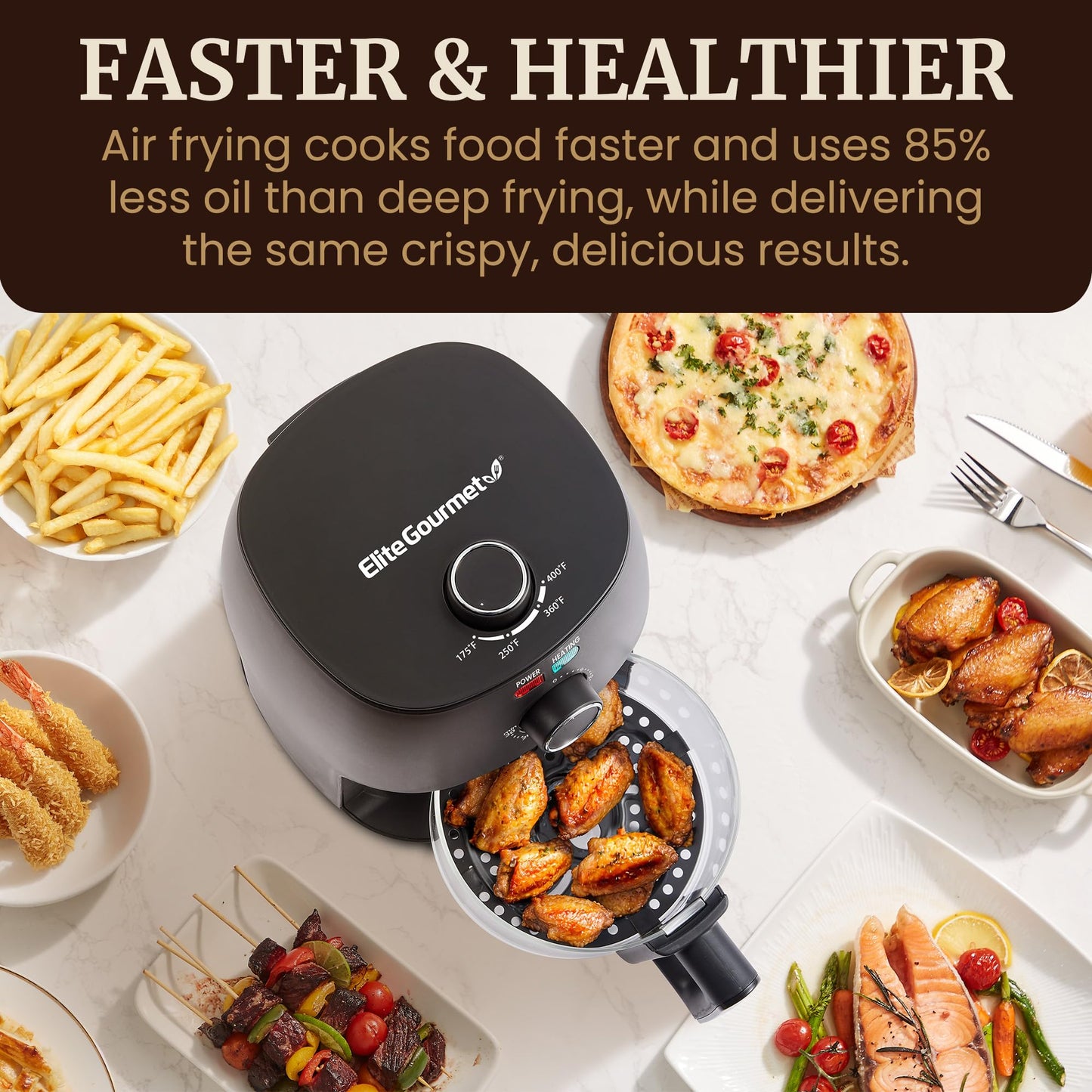 Elite Gourmet Glass Air Fryer, 2.4 Qt Compact Size for 1–2 People, PFAS-Free Ceramic & Glass Basket, Visible Cooking, Adjustable Temp 175–400°F, 1150W, Black