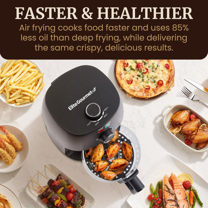 Elite Gourmet Glass Air Fryer, 2.4 Qt Compact Size for 1–2 People, PFAS-Free Ceramic & Glass Basket, Visible Cooking, Adjustable Temp 175–400°F, 1150W, Black
