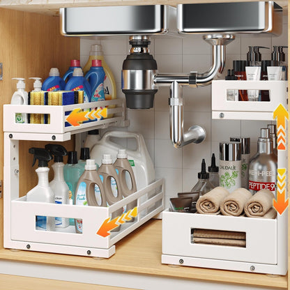 L-Shaped Metal Under Sink Organizer, 2-Tier Double Pull-Out Cabinet Organizer for Kitchen & Bathroom Storage, Height Adjustable, Smooth Cylinder Rail, White, 2 Packs
