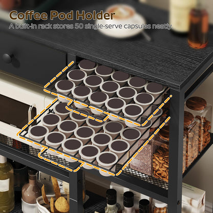 YATINEY Bakers Rack with Storage, 5-Tier Coffee Bar Station with Drawer, Kitchen Coffee Stand with Pod Drawer Holder, for Living Room, Home Cafe, Kitchen, Black KF60BBY1