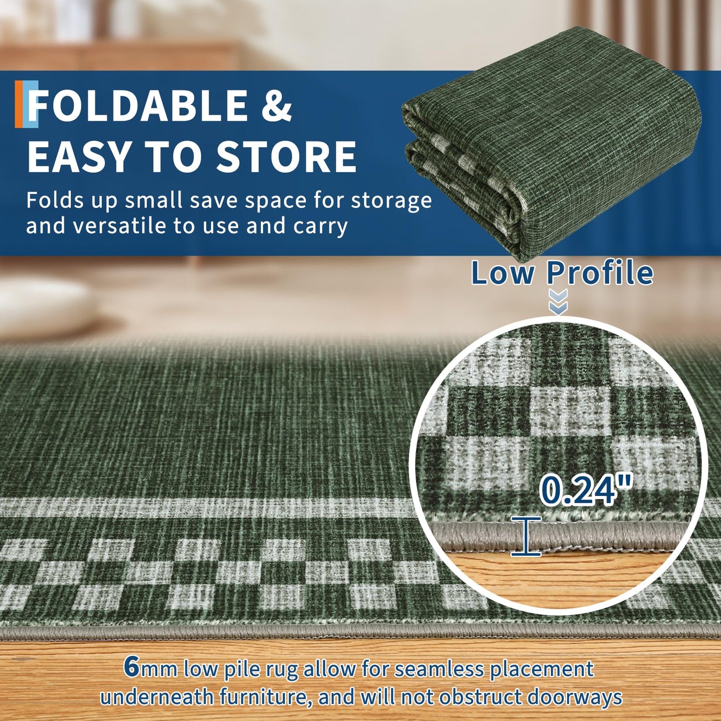 GarveeHome Washable Area Rug 4x6 Small Living Room Rugs Modern Bordered Soft Dining Room Throw Carpet Low Pile Non Slip Checkered Bedroom Rug Geometric Carpet for Nursery Kitchen Home Office, Green