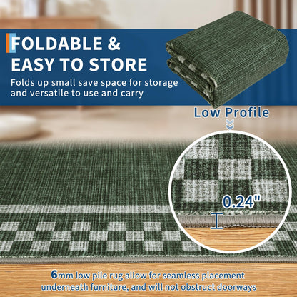 GarveeHome Washable Area Rug 4x6 Small Living Room Rugs Modern Bordered Soft Dining Room Throw Carpet Low Pile Non Slip Checkered Bedroom Rug Geometric Carpet for Nursery Kitchen Home Office, Green