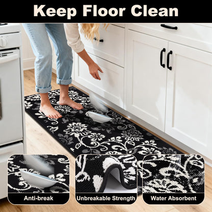LOKHOM Boho Kitchen Rugs Sets of 3, Non Slip High-Low Textured Kitchen Mats for Floor with Rubber Backing, Paisley Floral Washable Carpet Runner for Hallways Entryway Laundry Sink (Black & White)