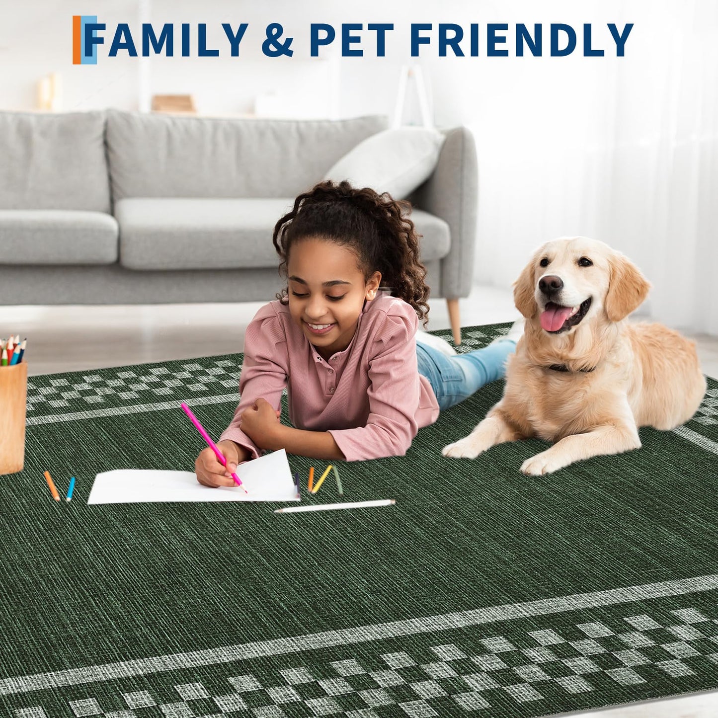 GarveeHome Washable Area Rug 4x6 Small Living Room Rugs Modern Bordered Soft Dining Room Throw Carpet Low Pile Non Slip Checkered Bedroom Rug Geometric Carpet for Nursery Kitchen Home Office, Green