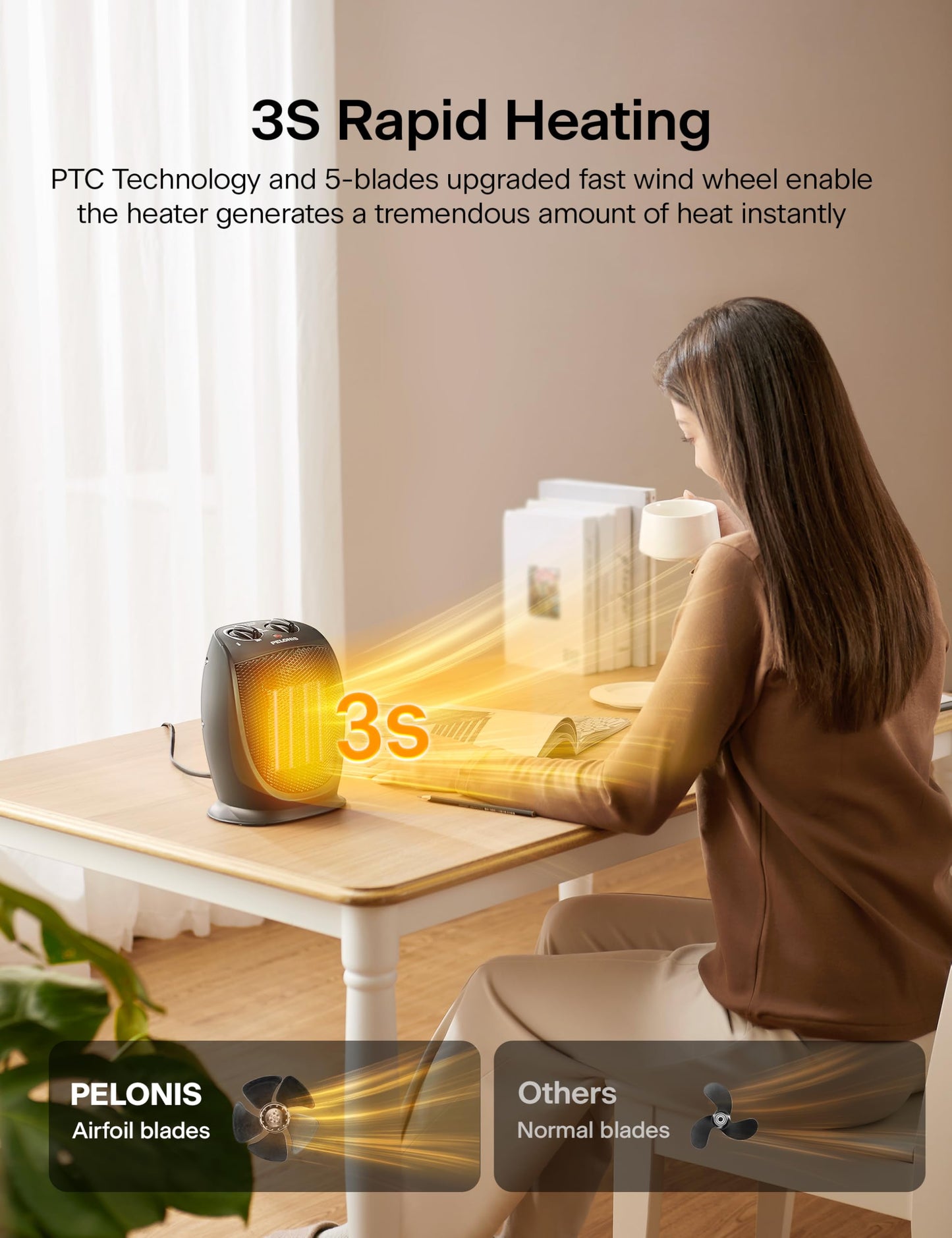 PELONIS 1500W Portable Ceramic Space Heater, Quiet, All-Season, Tip-Over & Overheat Protection, Black, 9"