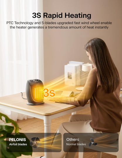 PELONIS 1500W Portable Ceramic Space Heater, Quiet, All-Season, Tip-Over & Overheat Protection, Black, 9"